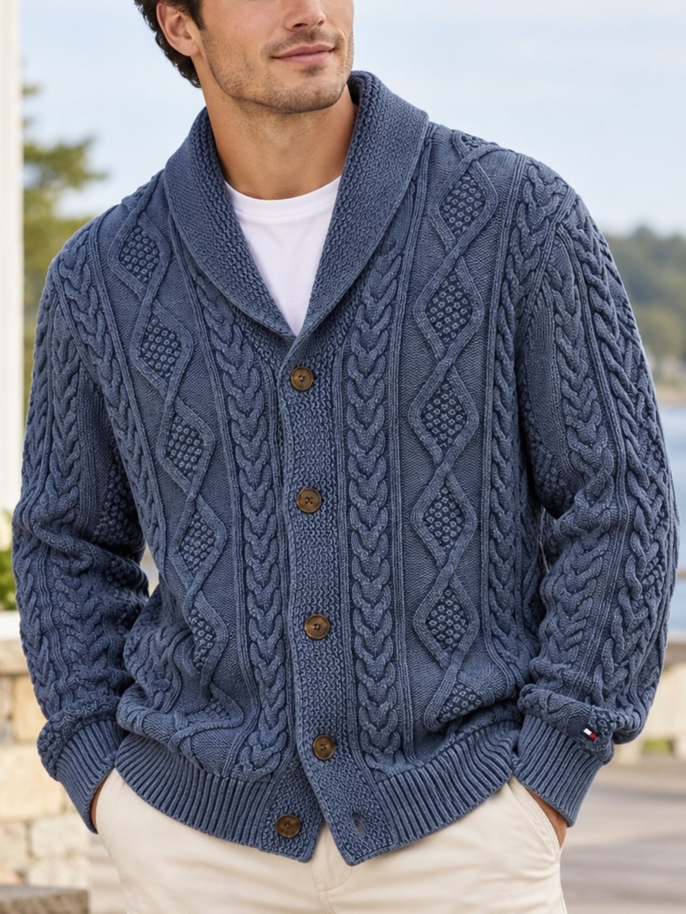 Tommy Hilfiger Shawl Collar Cable Knit Cardigan - Blue XXL